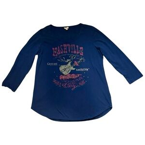 Reba Blue Nashville Guitar Long Sleeve Tee Classic Crew Neck Size M
